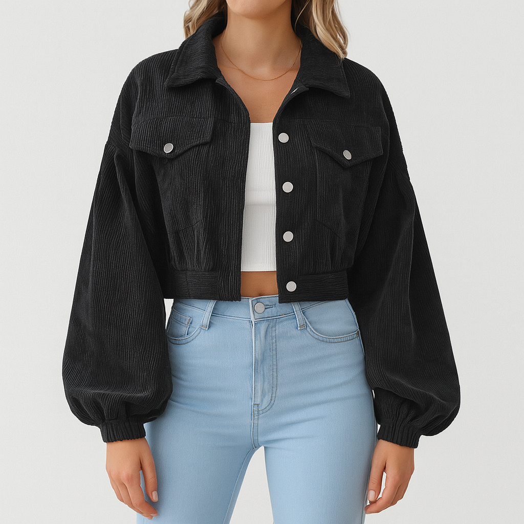 Damen - Gekürzte Cord-Denim-Jacke - Weichem Cord - Mit Übergrößen Ballonärmel - Trendy und Bequem