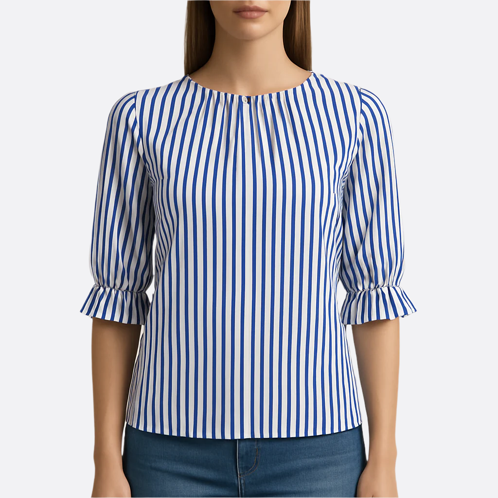 Damen - Gestreifte Freizeitbluse - Polyesterstoff - Rundhalsausschnitt, halbe Ärmel - Bequeme und stilvolle Bluse