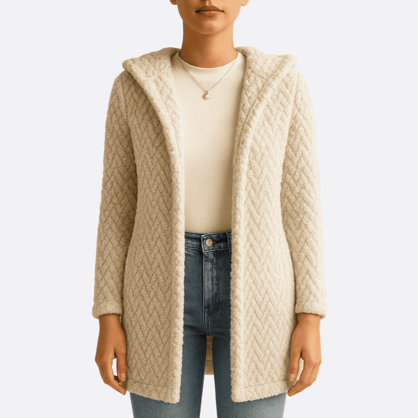 Damen - Jacquard Plüschmantel - Kapuze - Gemütliche Strickjacke für kalte Tage