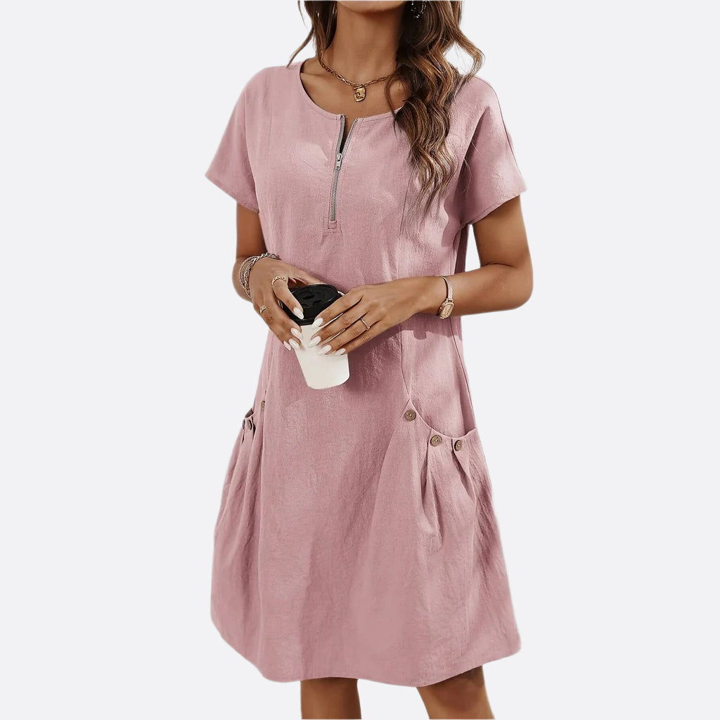 Damen - Kleid mit Ärmeln und Taschen - Atmungsaktivem Stoff - Bequeme, lockere Passform - Lässiger Alltagsstil