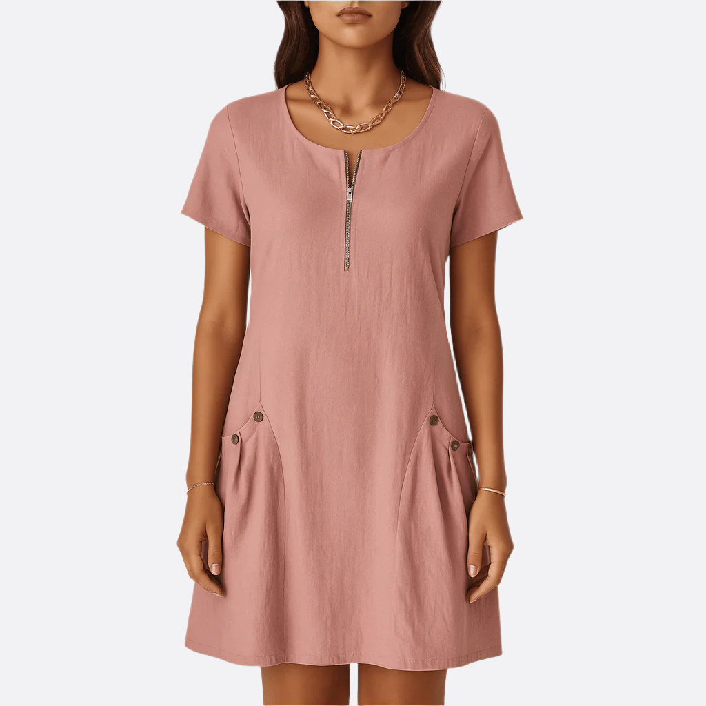 Damen - Kleid mit Ärmeln und Taschen - Atmungsaktivem Stoff - Bequeme, lockere Passform - Lässiger Alltagsstil