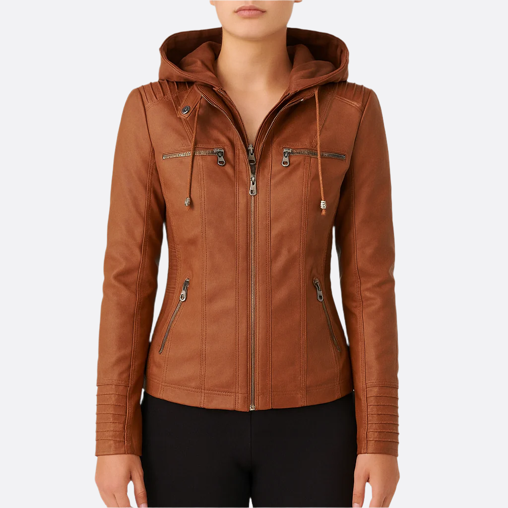 Damen - Leichte Lederjacke - PU-Leder - Abnehmbare Kapuze - Stilvolles Design für jeden Anlass