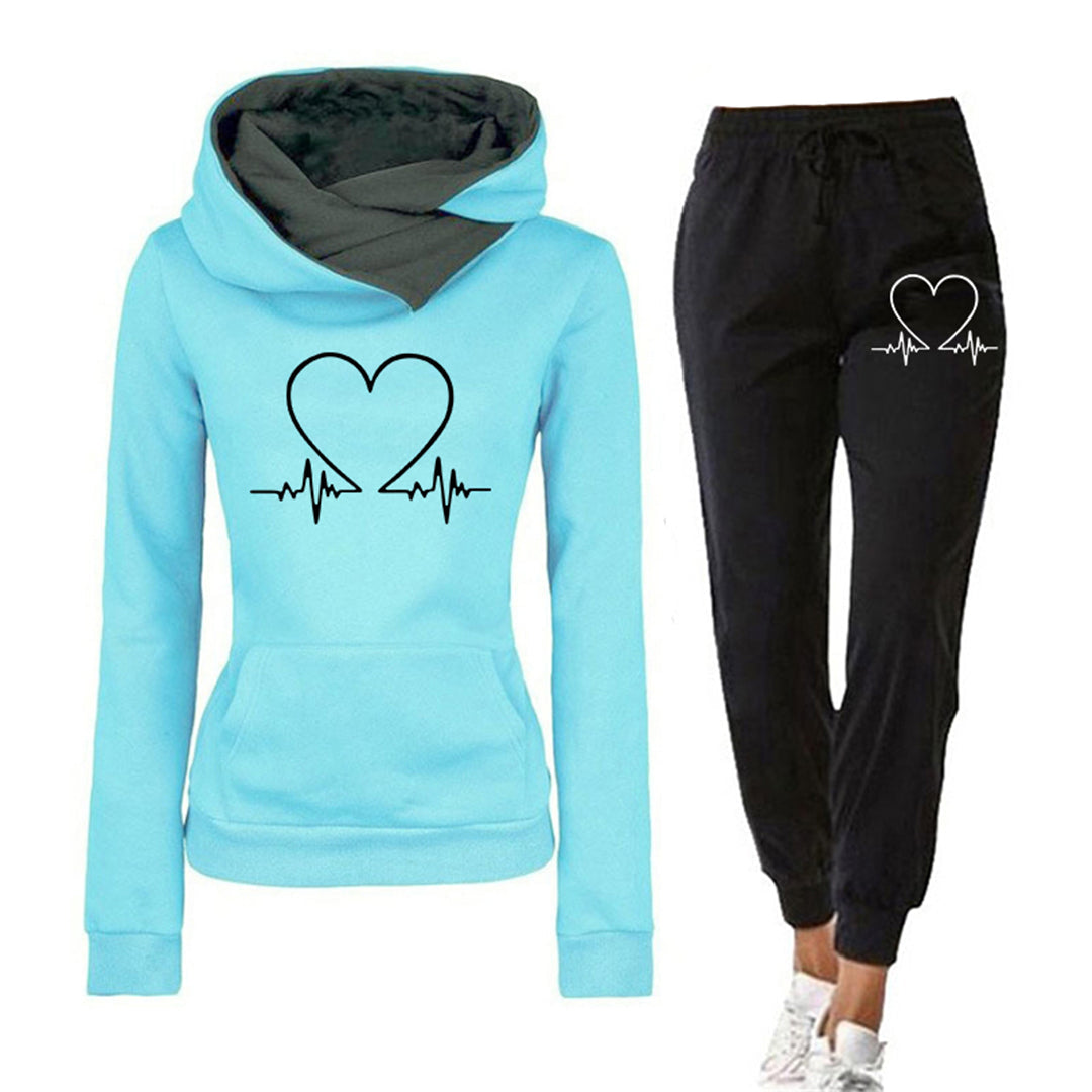 Damen - Loungewear Set - Bequemer Hoodie - Herzschlag-Muster & Jogginghose - Ideal für entspannte Tage