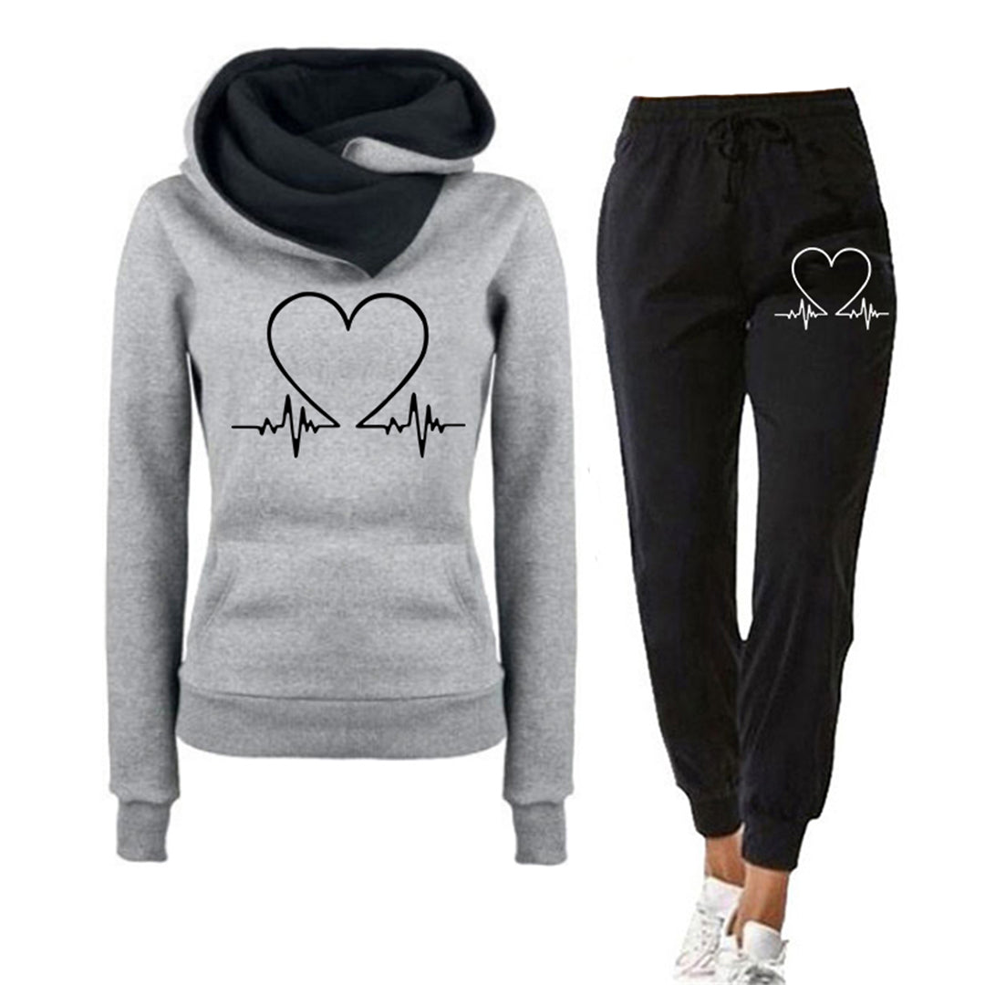 Damen - Loungewear Set - Bequemer Hoodie - Herzschlag-Muster & Jogginghose - Ideal für entspannte Tage