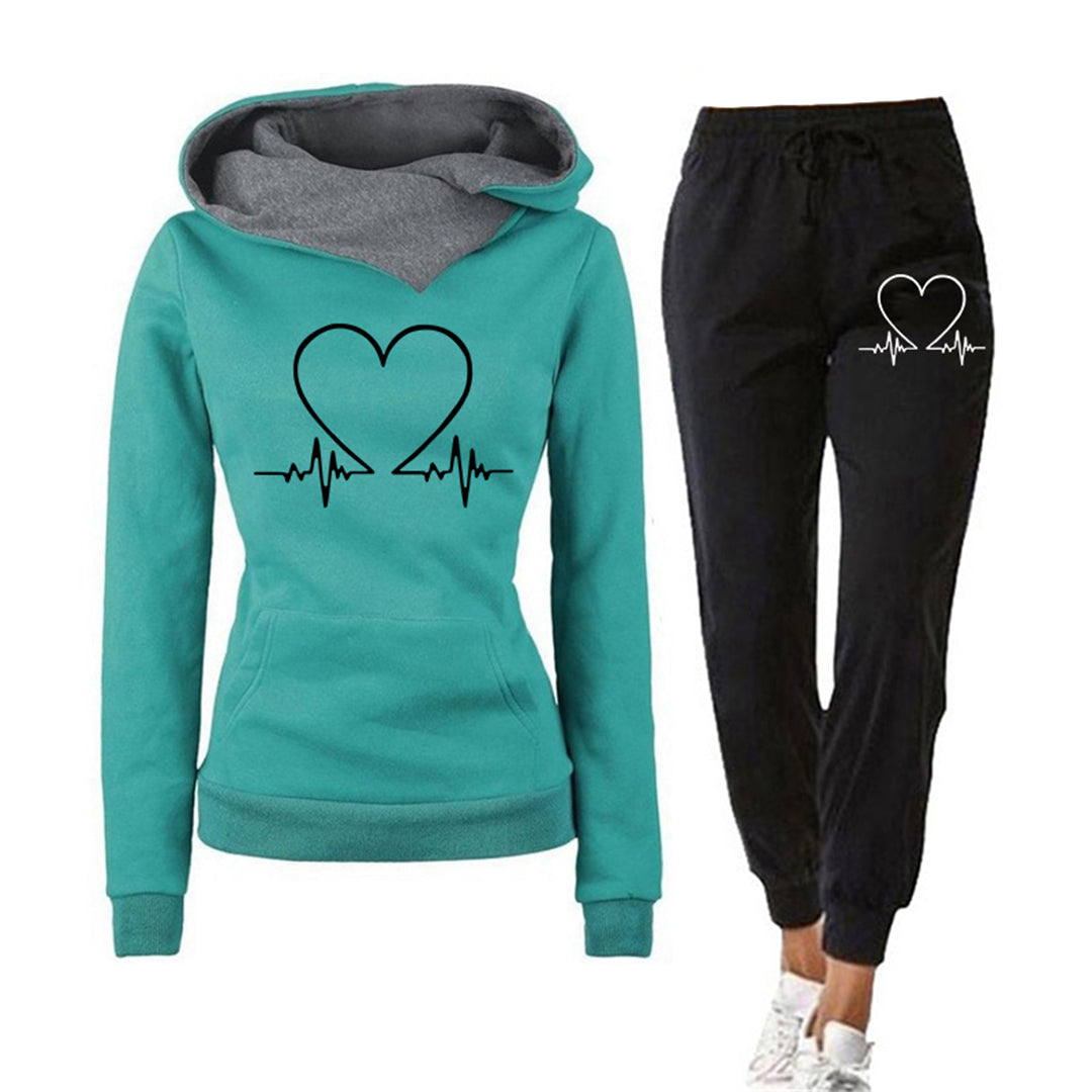 Damen - Loungewear Set - Bequemer Hoodie - Herzschlag-Muster & Jogginghose - Ideal für entspannte Tage