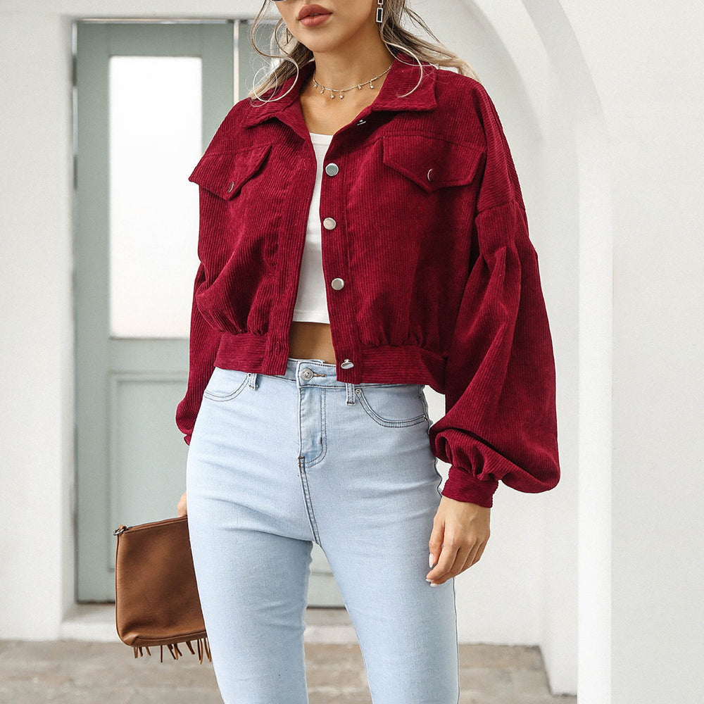 Damen - Gekürzte Cord-Denim-Jacke - Weichem Cord - Mit Übergrößen Ballonärmel - Trendy und Bequem