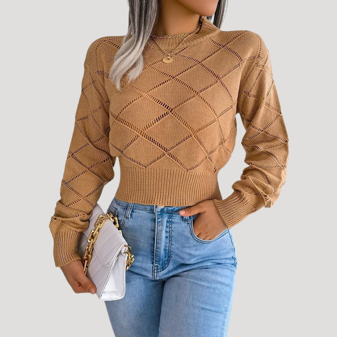 Damen - Gestrickter Pullover - Hohem Halsausschnitt - Rautenmuster - Bequeme Fashion für den Alltag