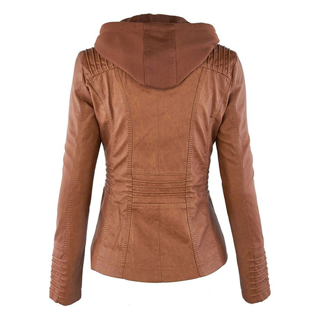 Damen - Leichte Lederjacke - PU-Leder - Abnehmbare Kapuze - Stilvolles Design für jeden Anlass