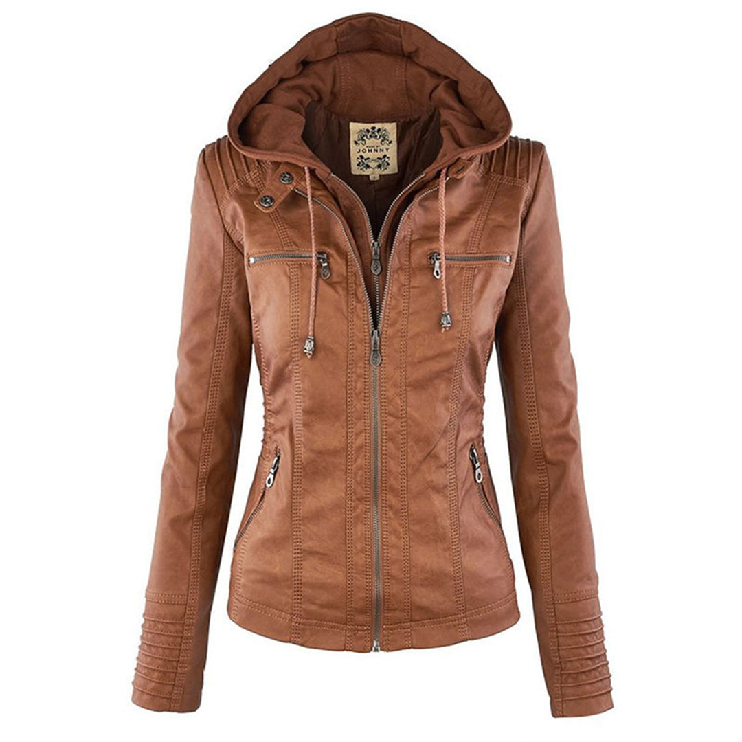 Damen - Leichte Lederjacke - PU-Leder - Abnehmbare Kapuze - Stilvolles Design für jeden Anlass