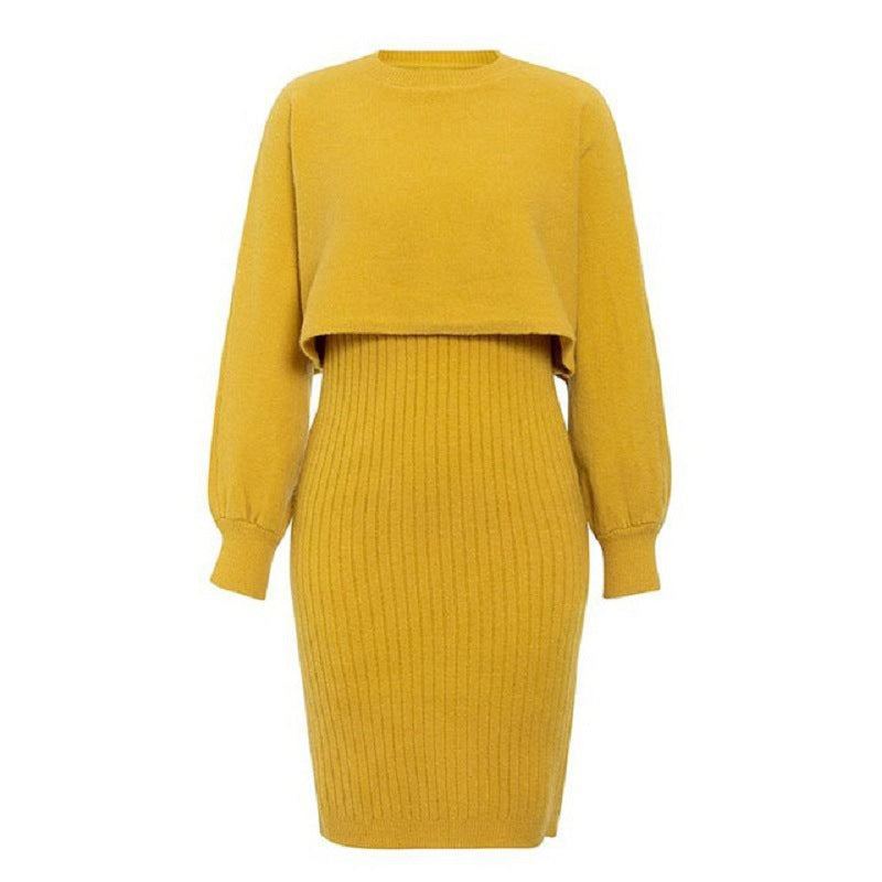 Damen - Midikleid & Cropped Pullover Set - Strickmaterial - Lässiger Stil - Perfekte Kombination