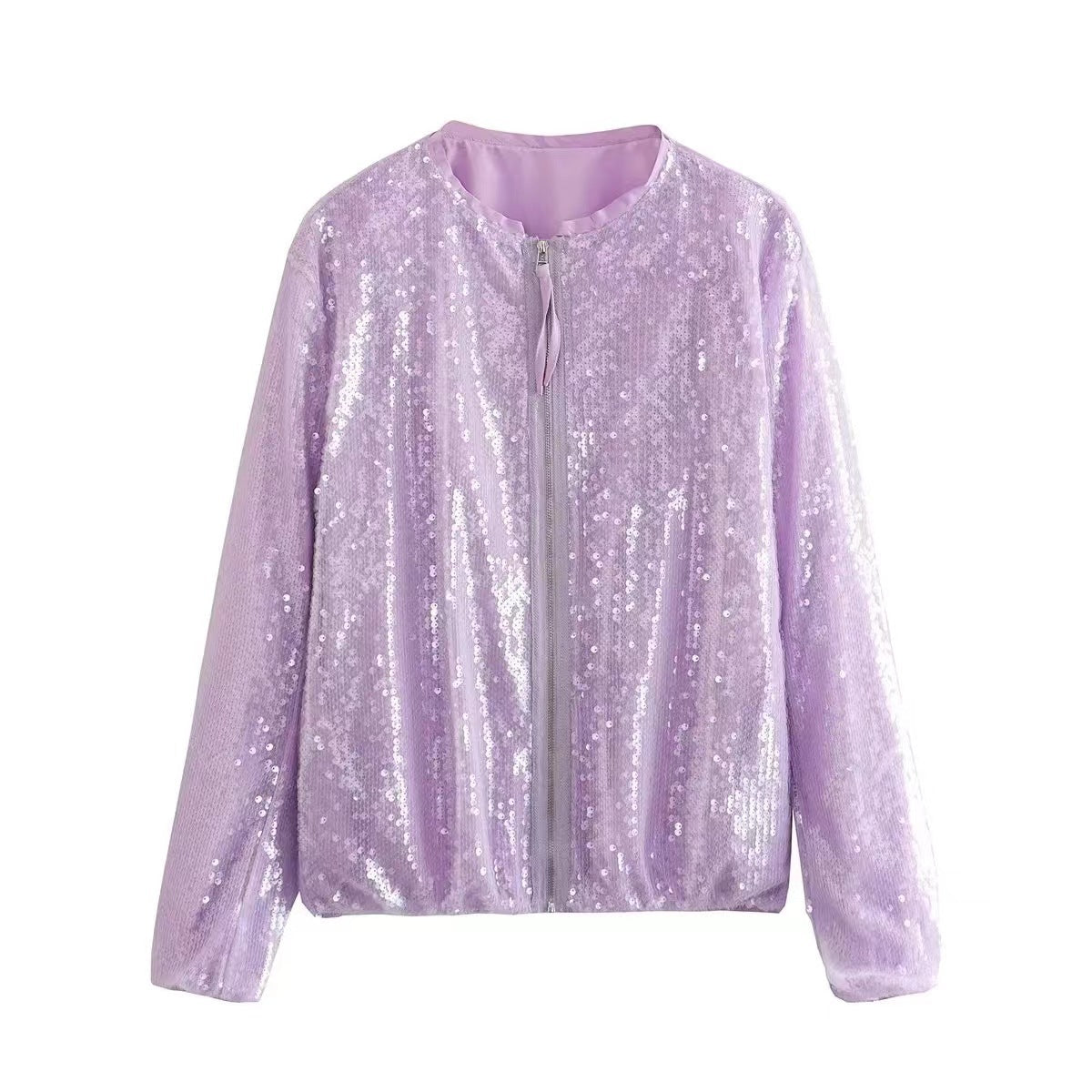 Damen - Stehkragen Pailletten Jacke - Reißverschluss - Glitzernde Eleganz für jeden Anlass