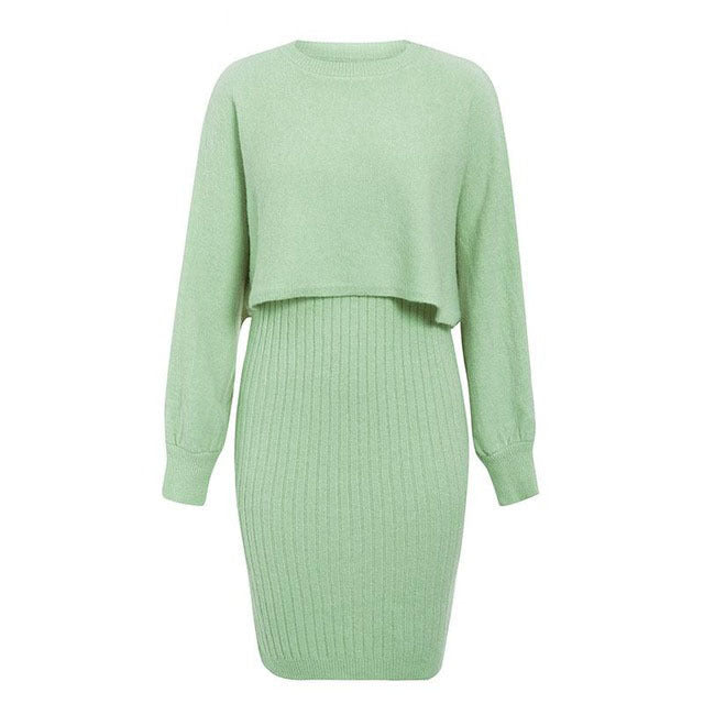 Damen - Midikleid & Cropped Pullover Set - Strickmaterial - Lässiger Stil - Perfekte Kombination