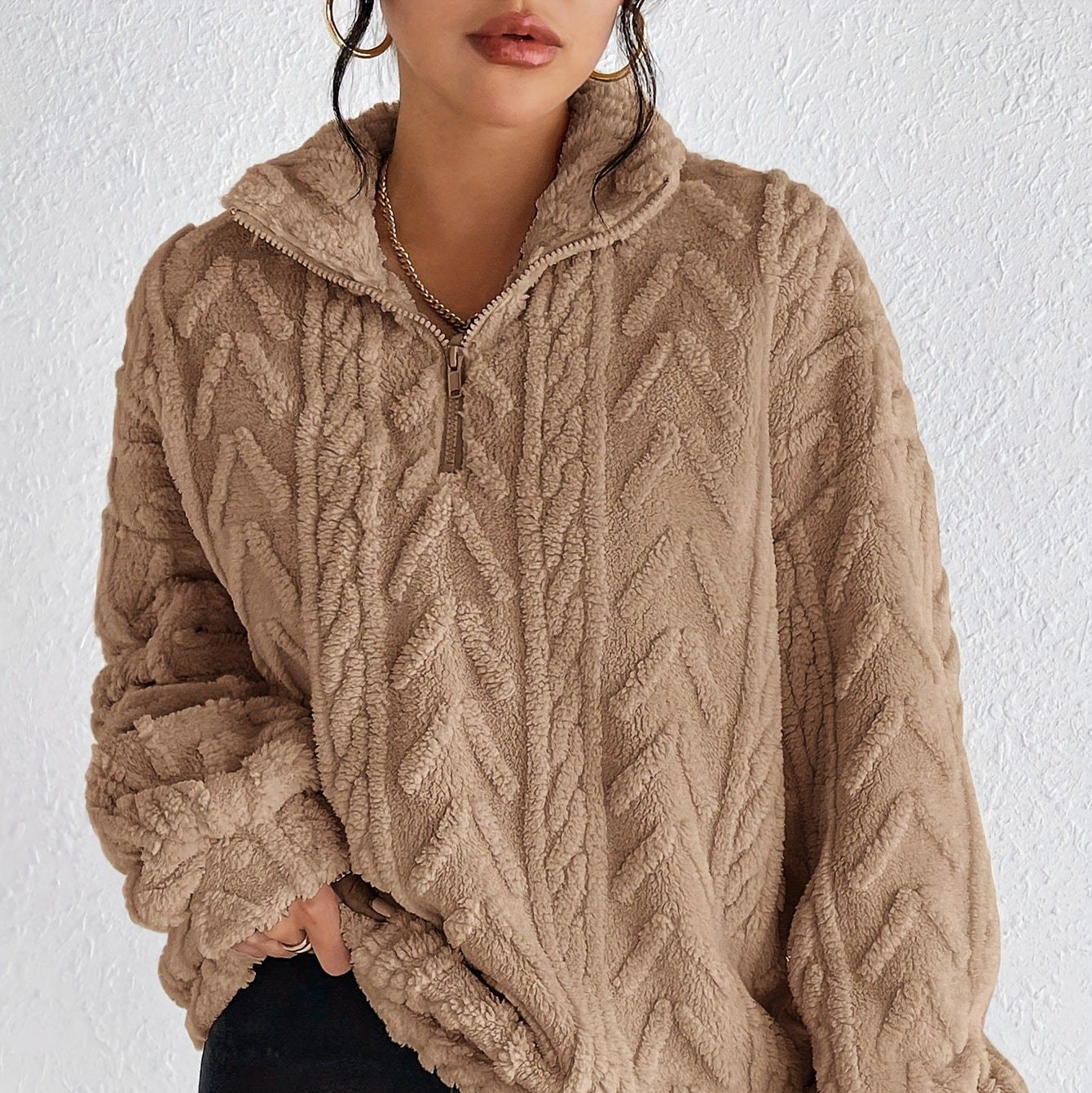 Damen - Fleece Pullover - Hoher Kragen - Gemütlicher Materialmix für kalte Tage