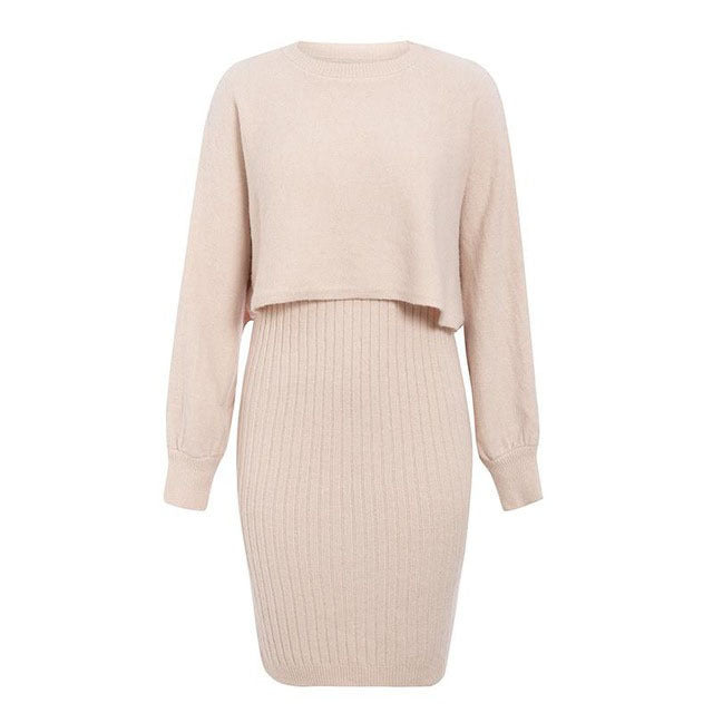 Damen - Midikleid & Cropped Pullover Set - Strickmaterial - Lässiger Stil - Perfekte Kombination