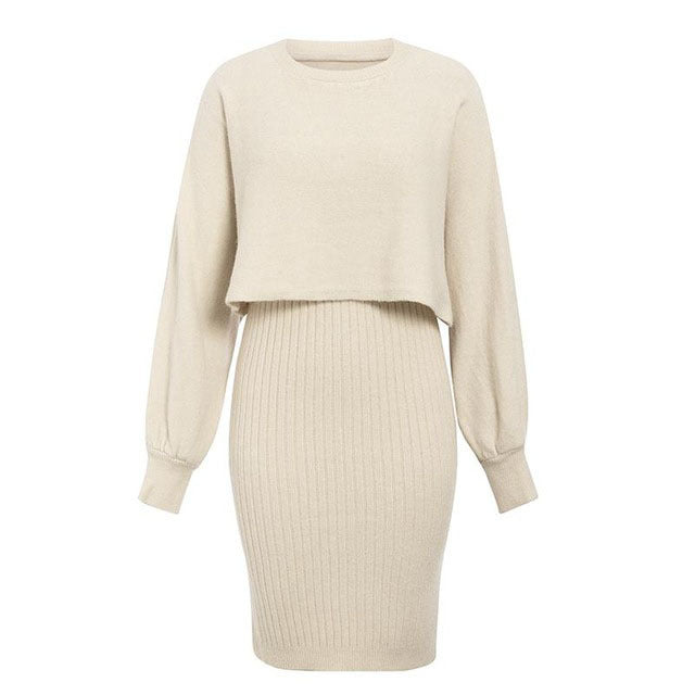 Damen - Midikleid & Cropped Pullover Set - Strickmaterial - Lässiger Stil - Perfekte Kombination
