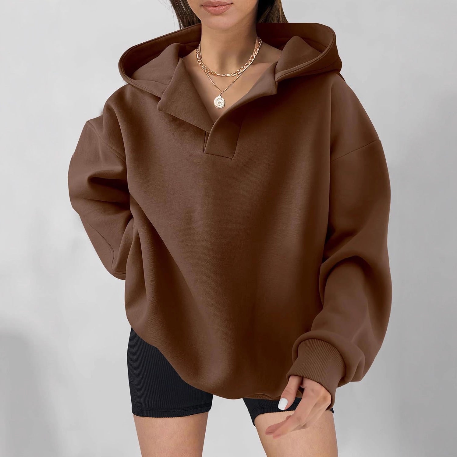 Damen - Übergroßer Kapuzenpulli - V-Ausschnitt - Bequem und Stylisch für jeden Anlass