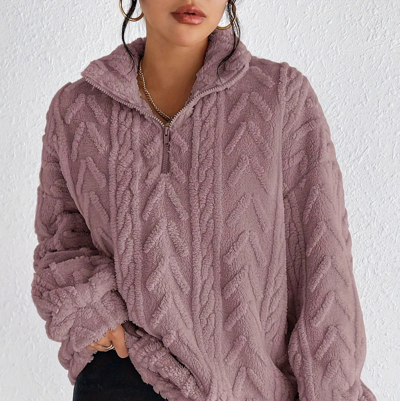 Damen - Fleece Pullover - Hoher Kragen - Gemütlicher Materialmix für kalte Tage