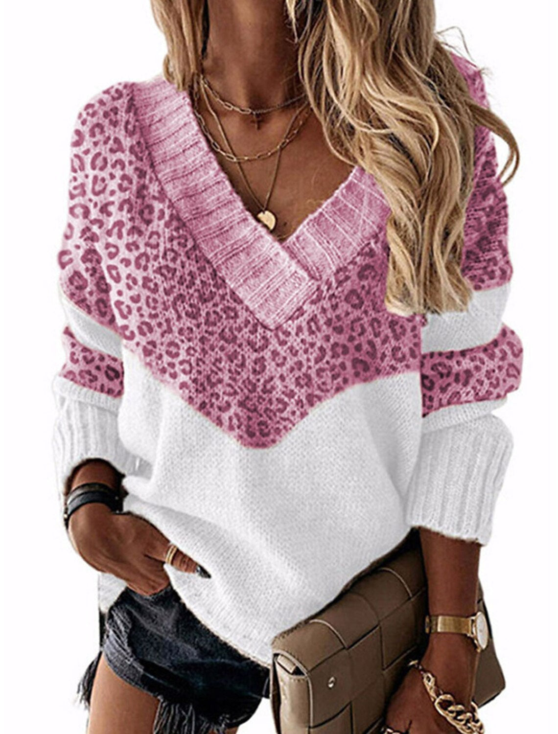 Damen - Leopardenmuster Pullover - V-Ausschnitt - Stylischer Strick für jeden Anlass
