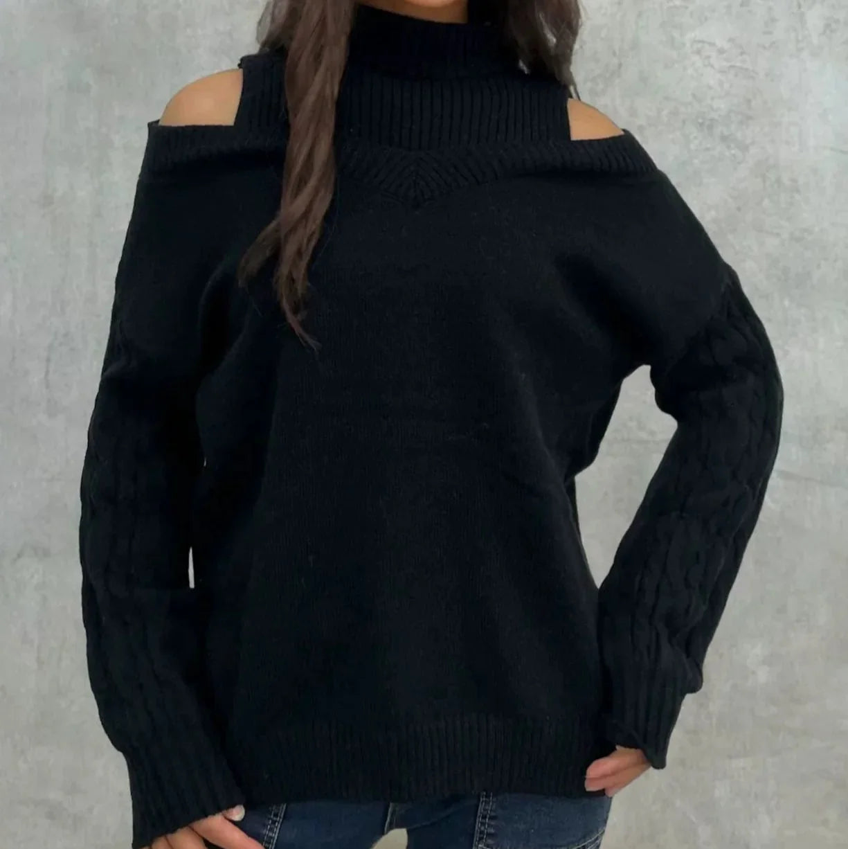 Damen - Schulterfreier Zopfstrick Pullover - Lockere Passform - Bequem und Stylisch für jeden Anlass