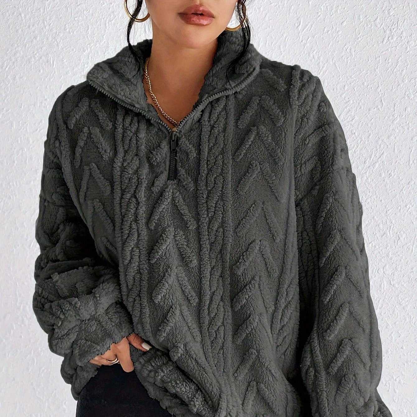 Damen - Fleece Pullover - Hoher Kragen - Gemütlicher Materialmix für kalte Tage