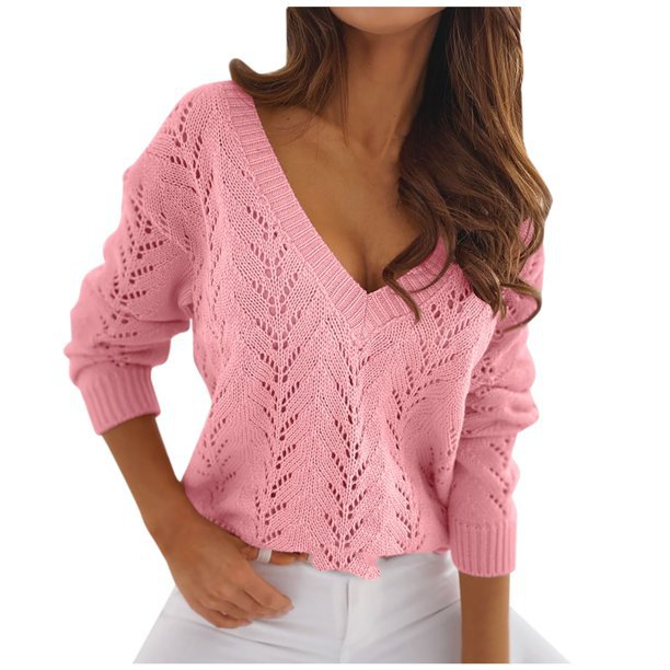 Damen - Strickpullover - V-Ausschnitt - Gehäkelt - Gemütlicher Stil für jeden Anlass