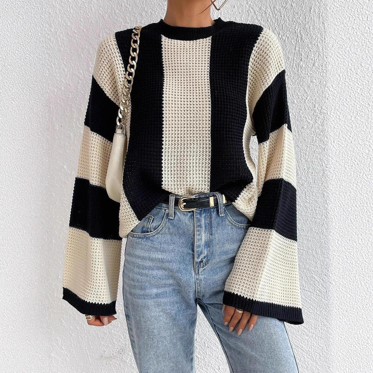 Damen - Strickpullover - Weiten Ärmeln - Wabenmuster - Stylischer und bequemer Pulli für jeden Anlass