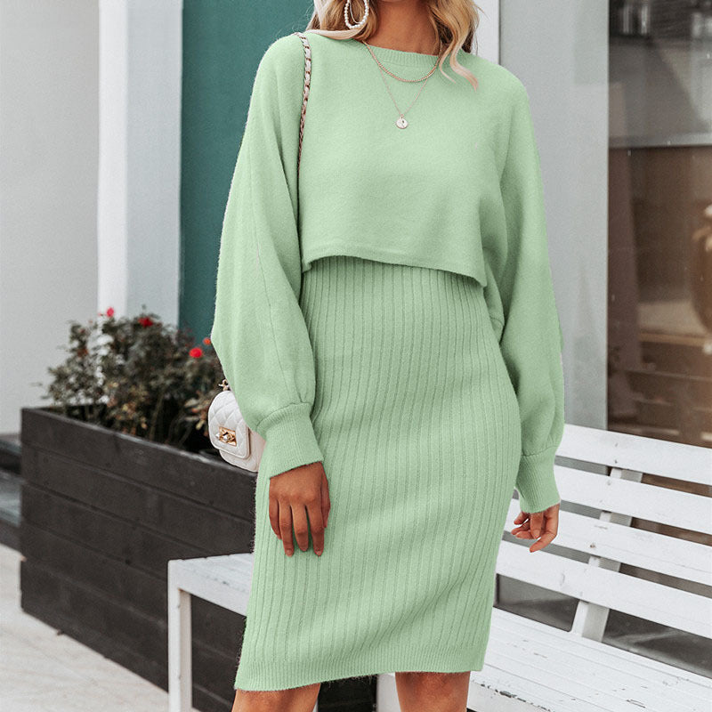 Damen - Midikleid & Cropped Pullover Set - Strickmaterial - Lässiger Stil - Perfekte Kombination