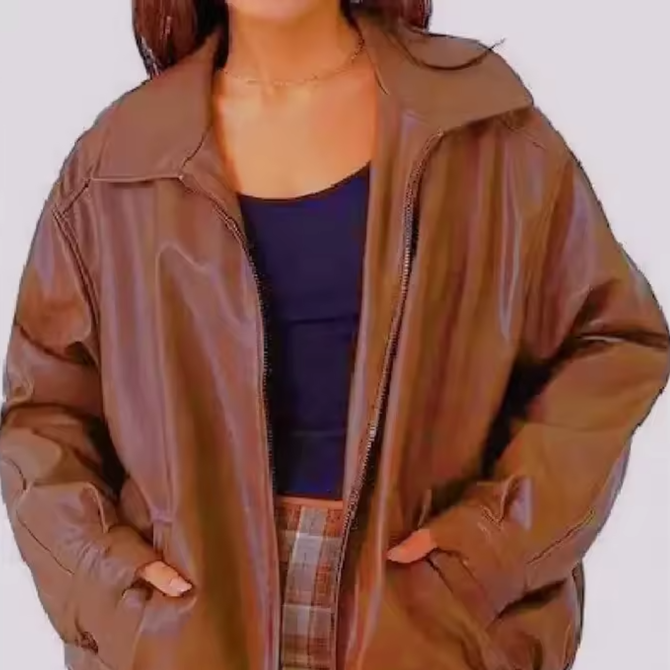 Damen - Entspannte jacke - Leder - Hochkragen mit Reißverschluss - Stilvolle Freizeitmode