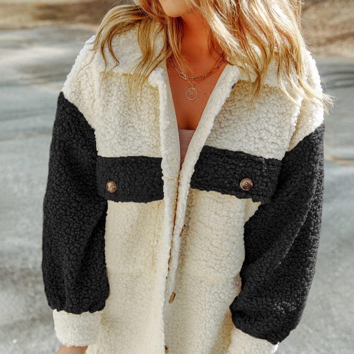 Damen - Farbblock Winterjacke - Wollmischung - Stilvolle & Warme Jacke für Die Kalte Jahreszeit