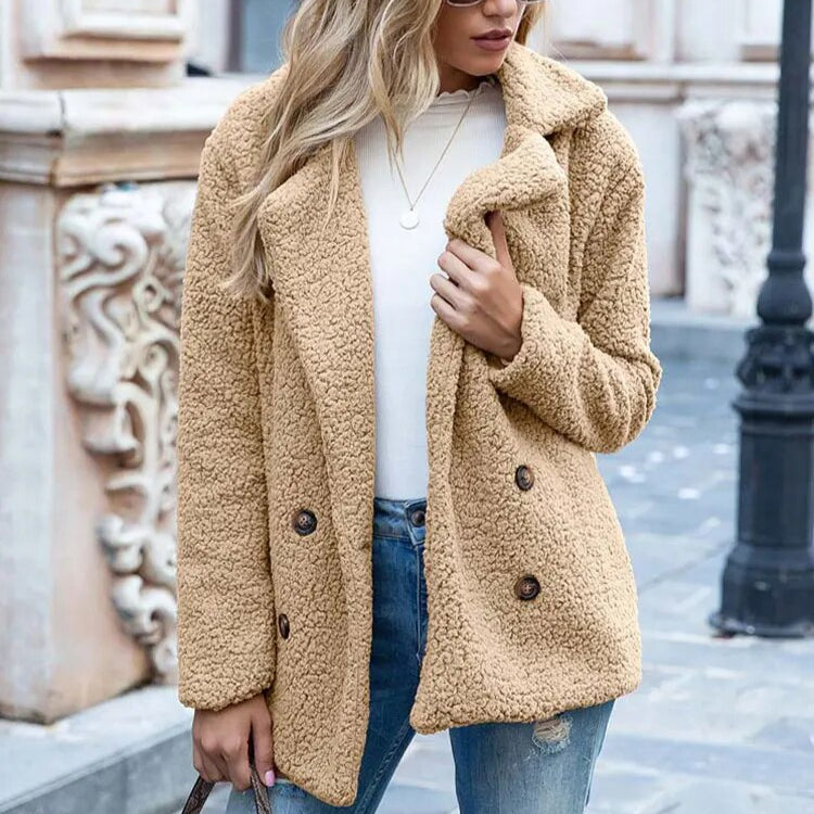 Damen - Wintermantel mit Plüsch Knöpfen - Weichem Fleece - Kuscheliger Stoff & stilvolles Design für kalte Tage