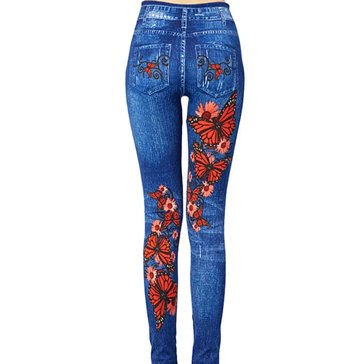 Damen - Jeggings mit hoher Taille - Schmetterlingsmuster - Bequem und stylisch für jeden Anlass