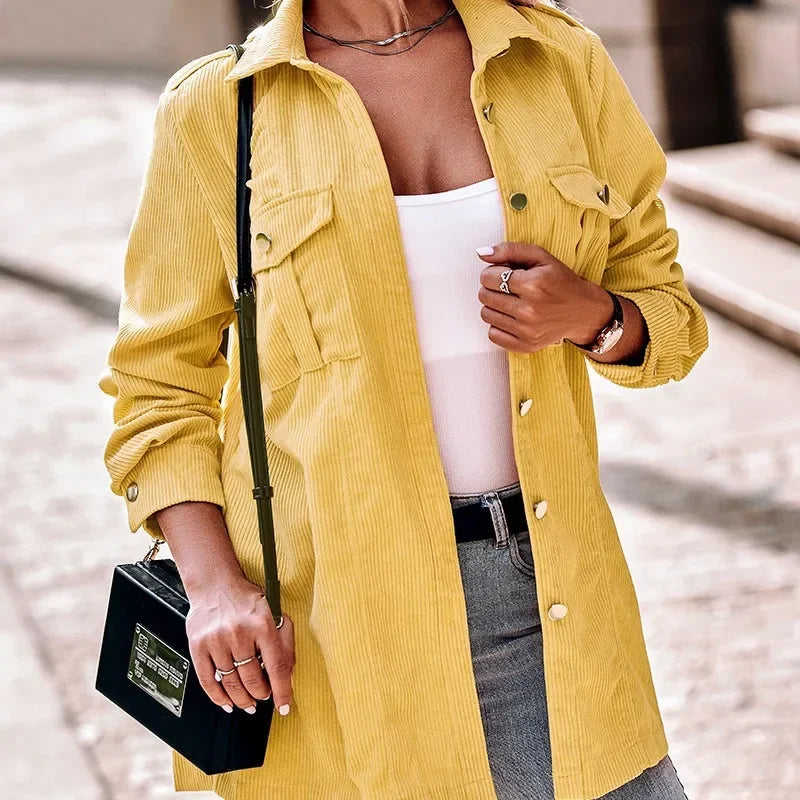 Damen - Gelbe Cordjacke - Klassischer Stil - Modische und Bequeme Oberbekleidung für jeden Anlass