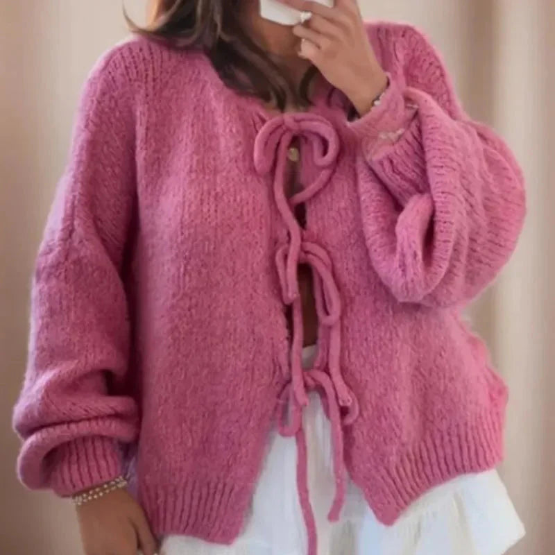 Damen - Strickjacke - Ballonärmeln und Schnürung - Stilvolle Oberbekleidung für jeden Anlass