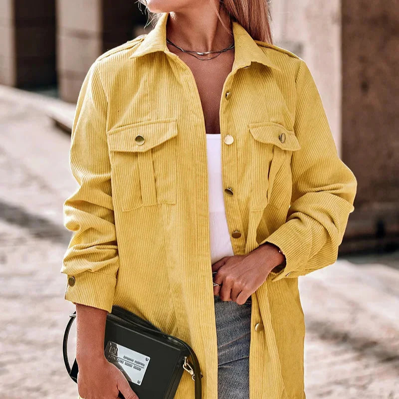 Damen - Gelbe Cordjacke - Klassischer Stil - Modische und Bequeme Oberbekleidung für jeden Anlass