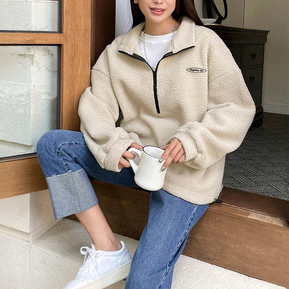 Damen - Kuscheliges Winter Sweatshirt - Halber Reißverschluss - Bequeme Freizeitmode für kalte Tage