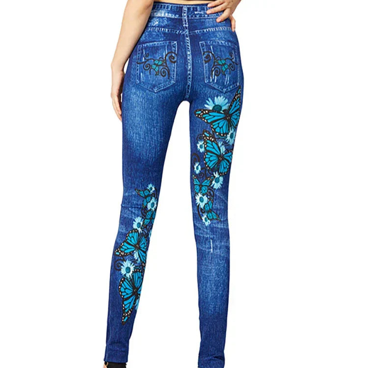 Damen - Jeggings mit hoher Taille - Schmetterlingsmuster - Bequem und stylisch für jeden Anlass