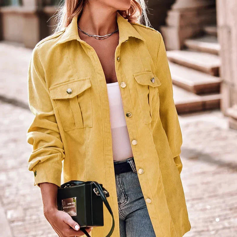 Damen - Gelbe Cordjacke - Klassischer Stil - Modische und Bequeme Oberbekleidung für jeden Anlass