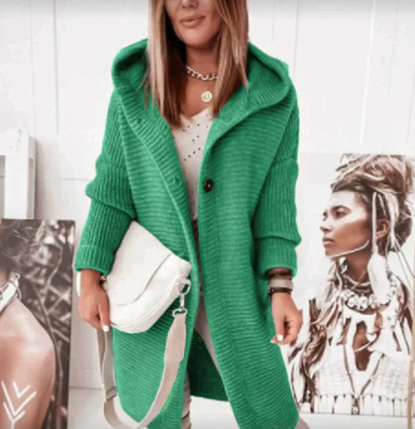 Damen - Lange Strickjacke - Kapuze - Knopfleiste - Bequeme und stilvolle Freizeitmode