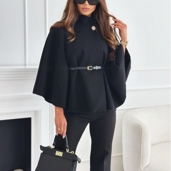 Damen - Eleganter Umhang - Hohem Kragen - Wollmischung - Stilvoller Wintermantel