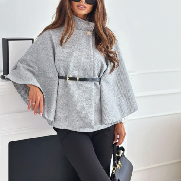 Damen - Eleganter Umhang - Hohem Kragen - Wollmischung - Stilvoller Wintermantel