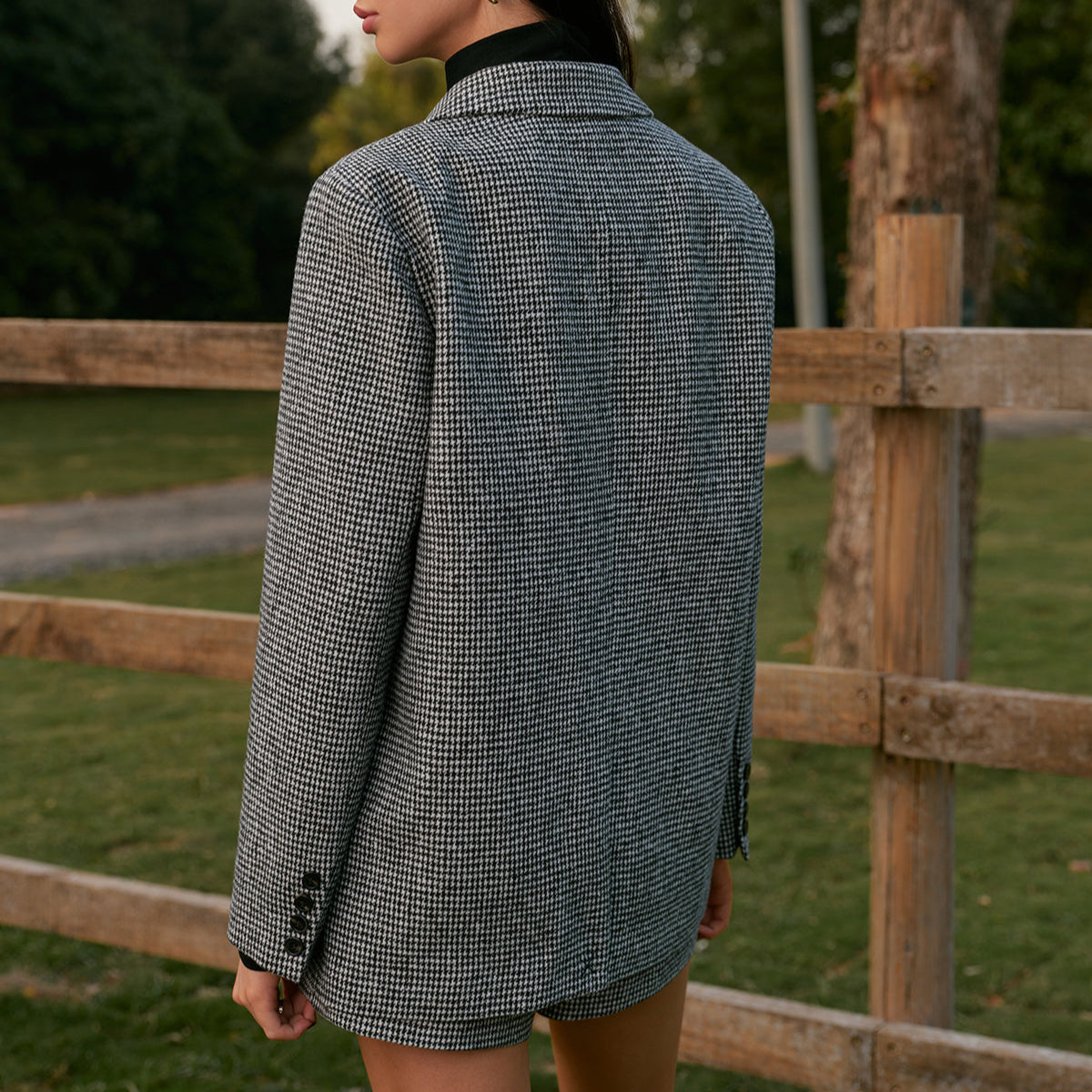 Damen - Tweed-Blazer - Zweireihig mit Hahnentrittmuster - Eleganter Style für jede Gelegenheit