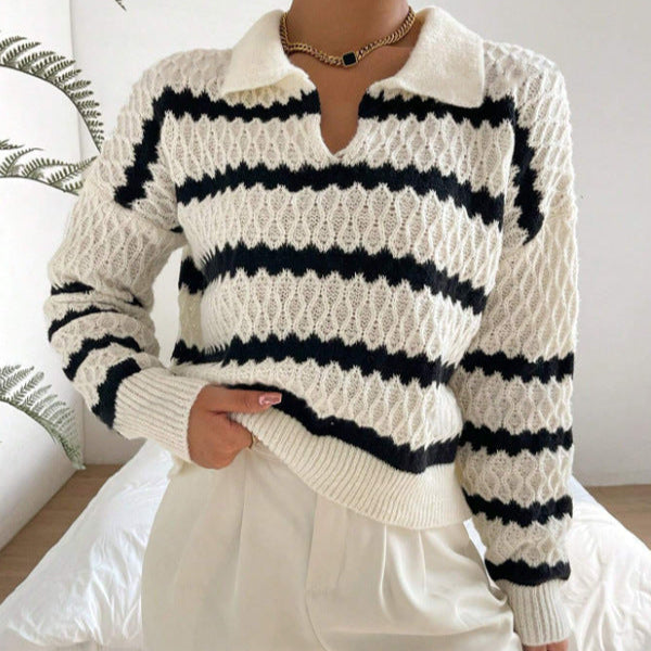 Damen - Grobstrickpullover - Poloshirt mit Streifen - Bequemer Style für jeden Anlass