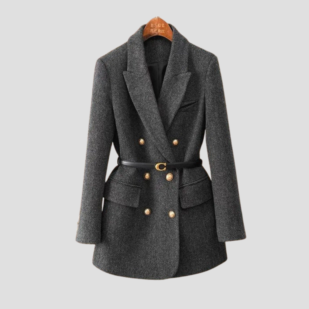 Damen - Tweed Blazermantel - Zweireihig mit Gürtel - Eleganter Stil für jede Gelegenheit