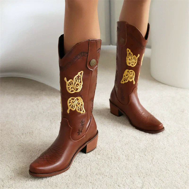 Damen - Bestickte Westernstiefel - Leder - Halbhoher Schaft für Stil und Komfort