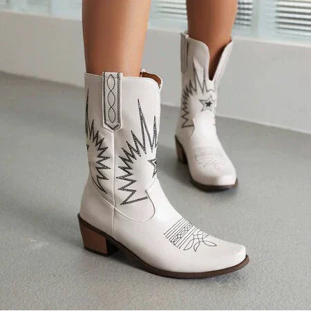 Damen - Stilvolle mittelhohe Westernstiefel - Leder - Bestickt - Modisch und Bequem für jeden Anlass