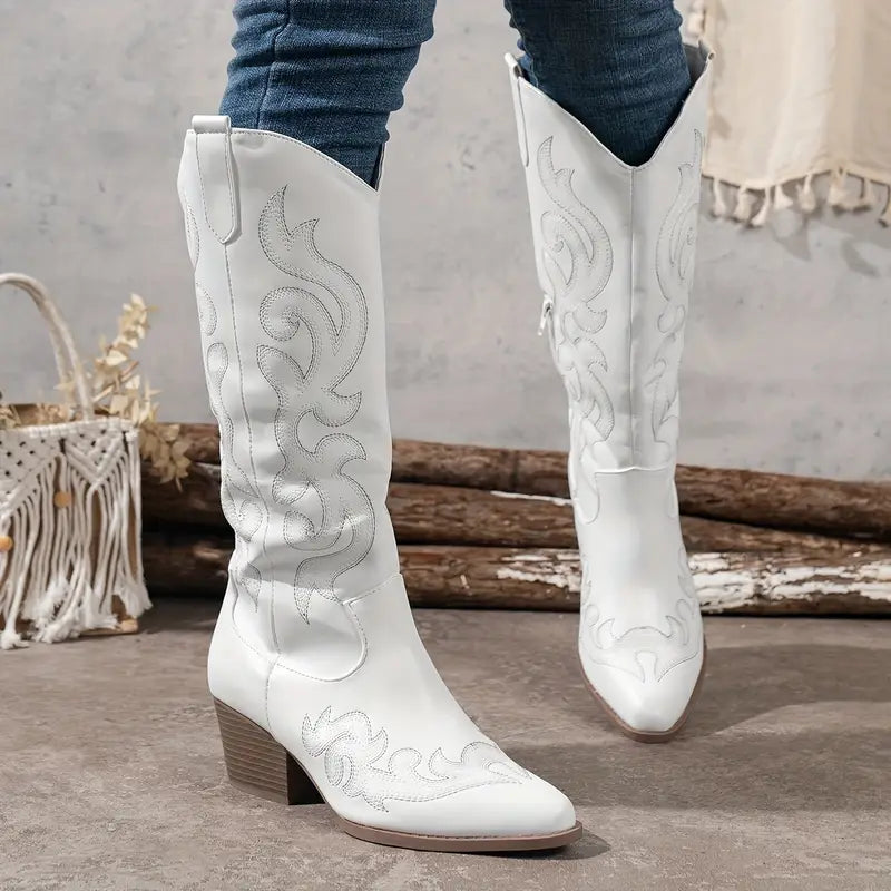Damen - Kniehohe Westernstiefel - Leder - Gestickt & Stilvoll - Modische Stiefel für jeden Anlass