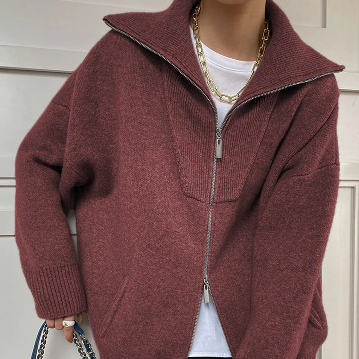 Damen - Strickjacke in Übergröße - Wolle - Reißverschluss - Bequeme und stilvolle Oberbekleidung