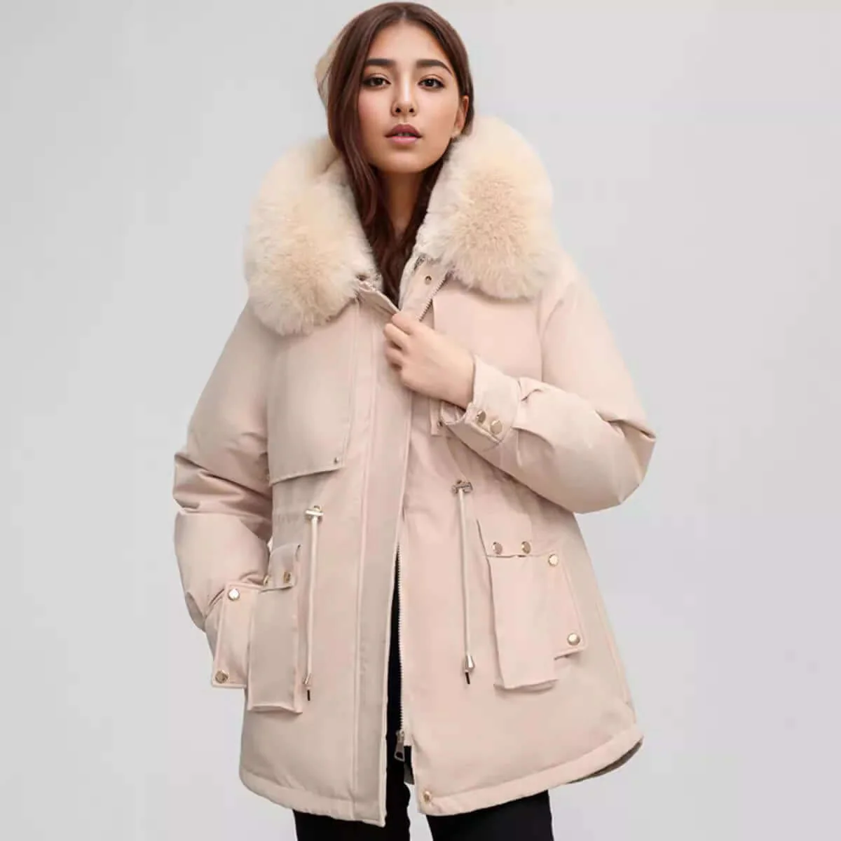 Damen - Hüftlanger mantel - Kunstpelz Kragen und Zip-Verschluss - Stilvoller Winter Look für jede Gelegenheit