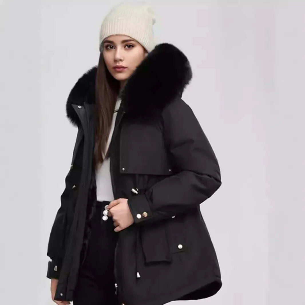 Damen - Hüftlanger mantel - Kunstpelz Kragen und Zip-Verschluss - Stilvoller Winter Look für jede Gelegenheit