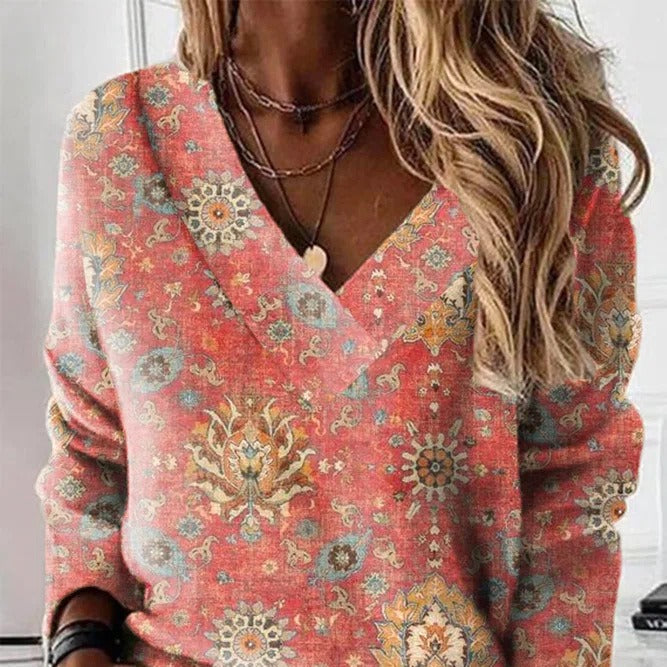 Damen - Sweatshirt mit V-Ausschnitt - Baumwoll-Lockere Passform - Bequeme Mode für jeden Tag